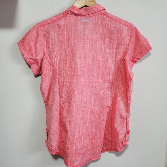 COLUMBIA NWT Camp Henry Short Sleeve Shirt Button Front Cotton Pink Womens Large - Picture 7 of 13